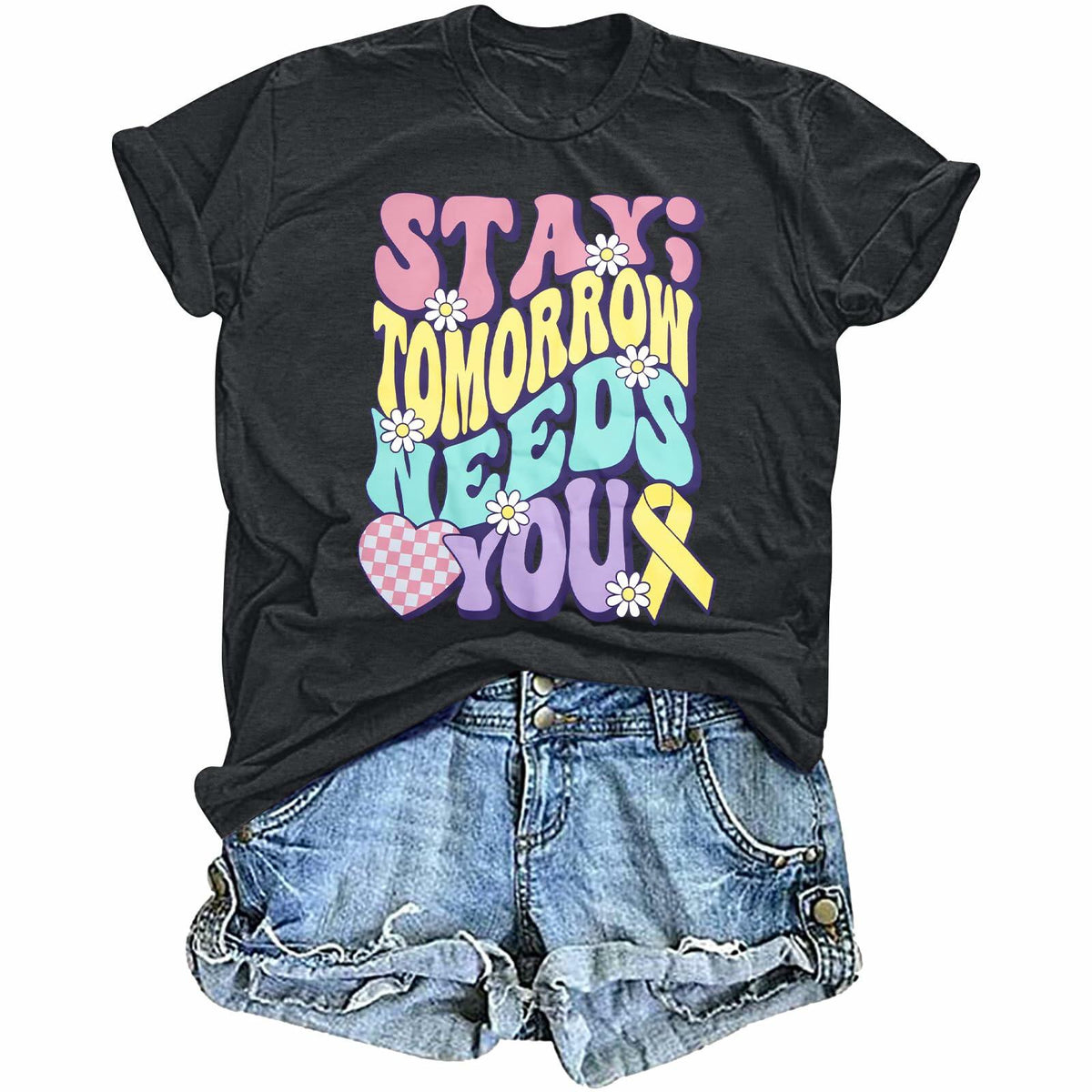 FAYALEQ Suicide Awareness Women Shirt Dark Grey Letter Print Size L