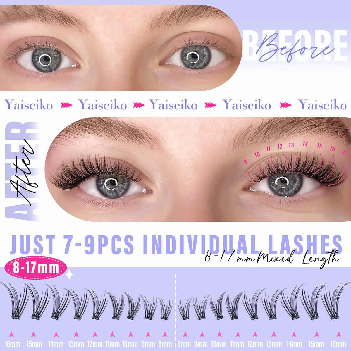 Yaiseiko Self Adhesive Lash Clusters Wispy C Curl 8-17MM 180Pcs