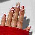 Short Almond Press-On Nails Red French Tip White Snowflake Fake Nails 24PCS