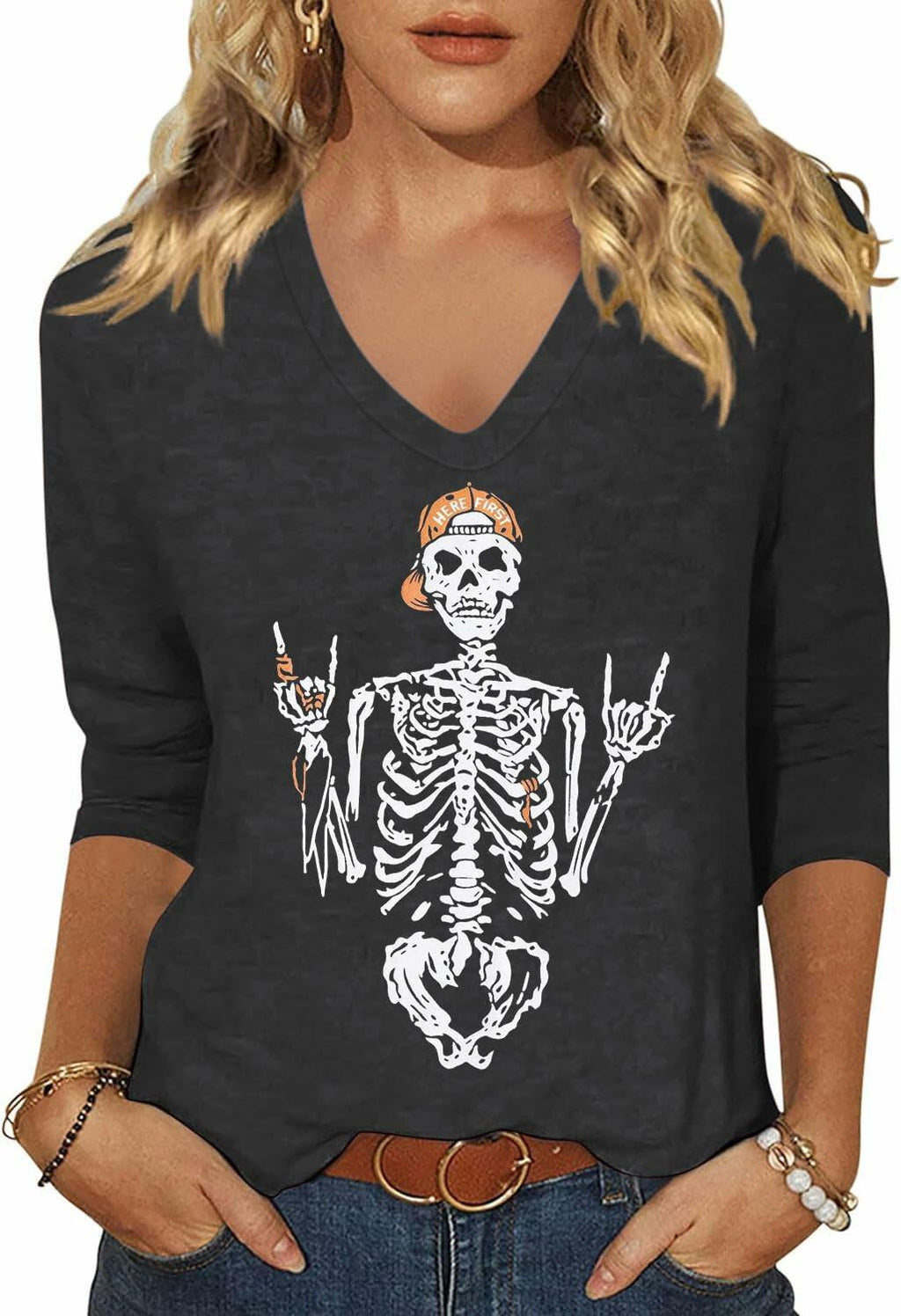 Women Skeleton Halloween V Neck Shirt 3/4 Sleeve Skull Top XL Grey