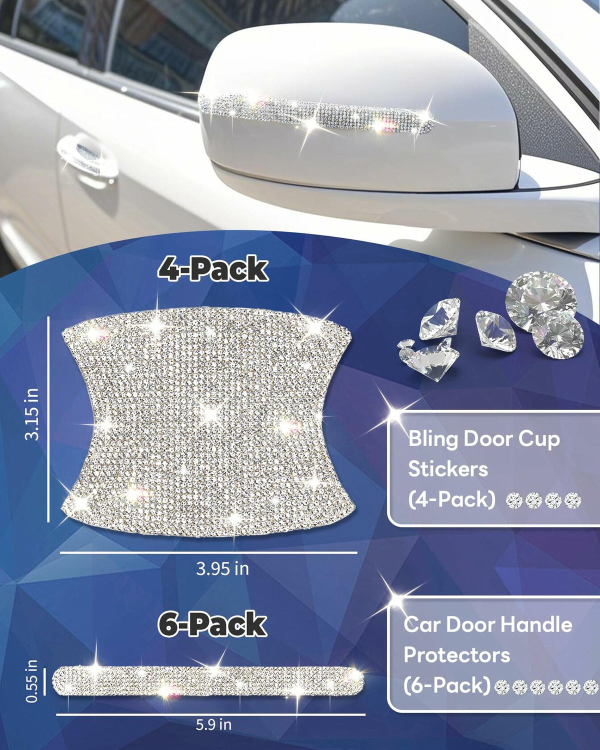 MUPEAK Car Door Handle Protector 10PCS White Sparkling Rhinestone Universal