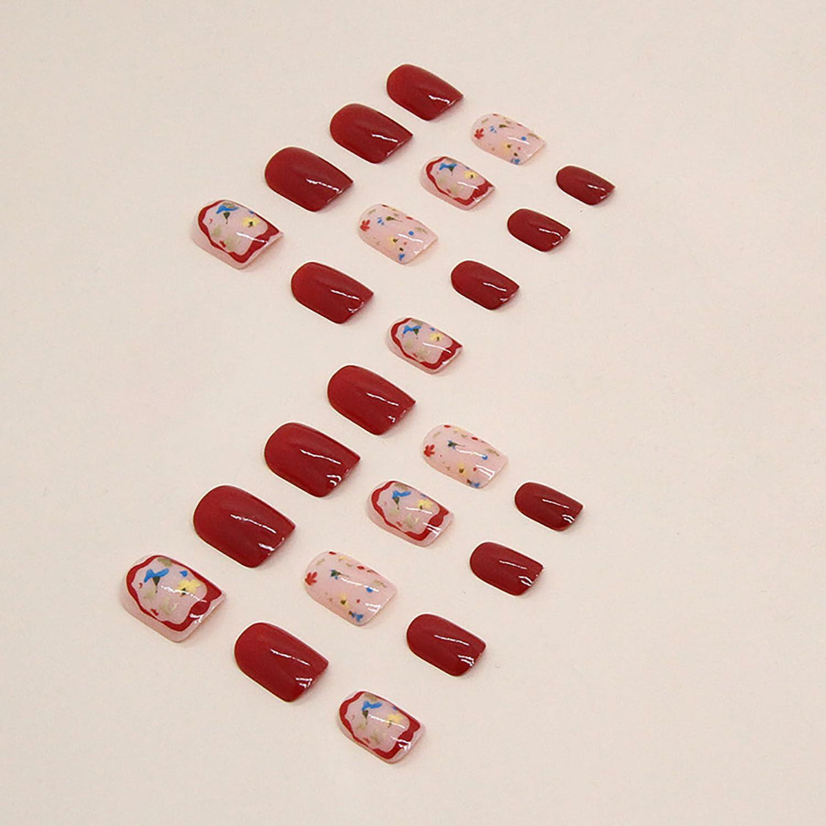 LYLYNB 24pcs Wine Red Floral Square False Nails Glossy Full Cover Set