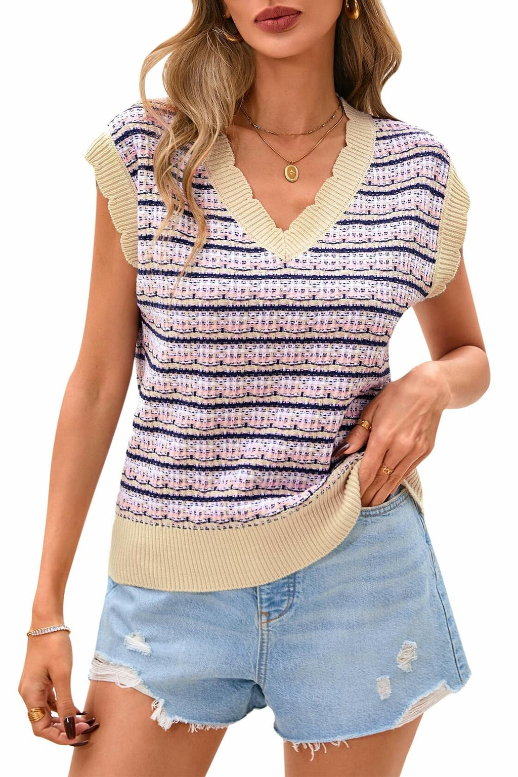 CFLONGE Women Sleeveless Striped Sweater Vest Cropped Knit Tank Top Pink XL