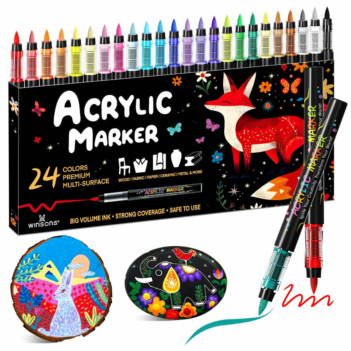 WINSONS 24 Colors Direct Liquid Ink Permanent Acrylic Markers Multi-Surface
