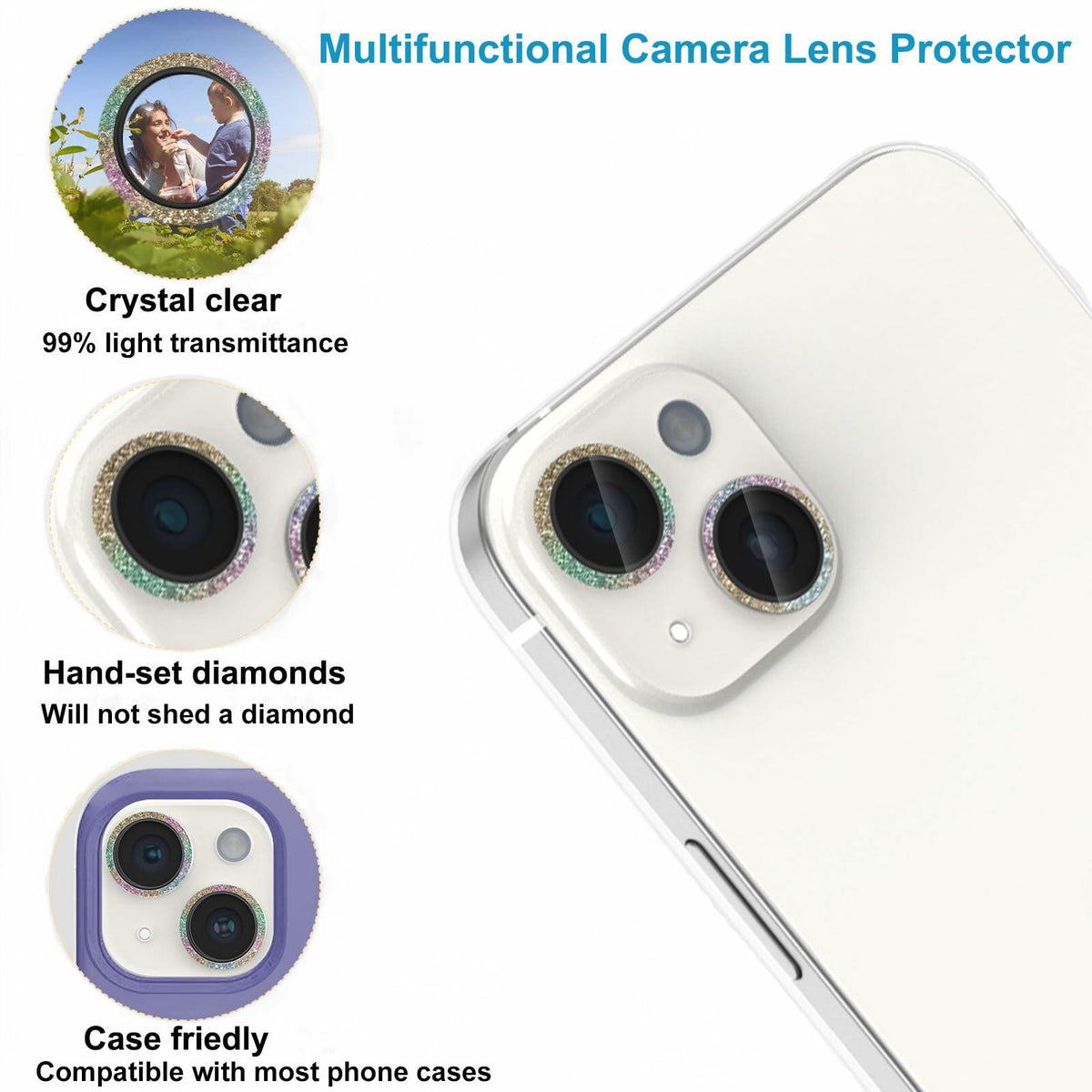 ZQCFKJ iPhone 16/16 Plus Tempered Glass Camera Lens Protector Glitter Colorful