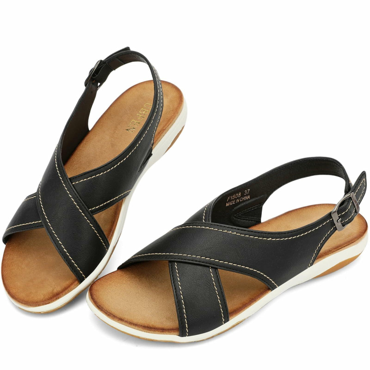 UBFEN Womens Flat Sandals Arch Support Adjustable Slingback Black Size 8