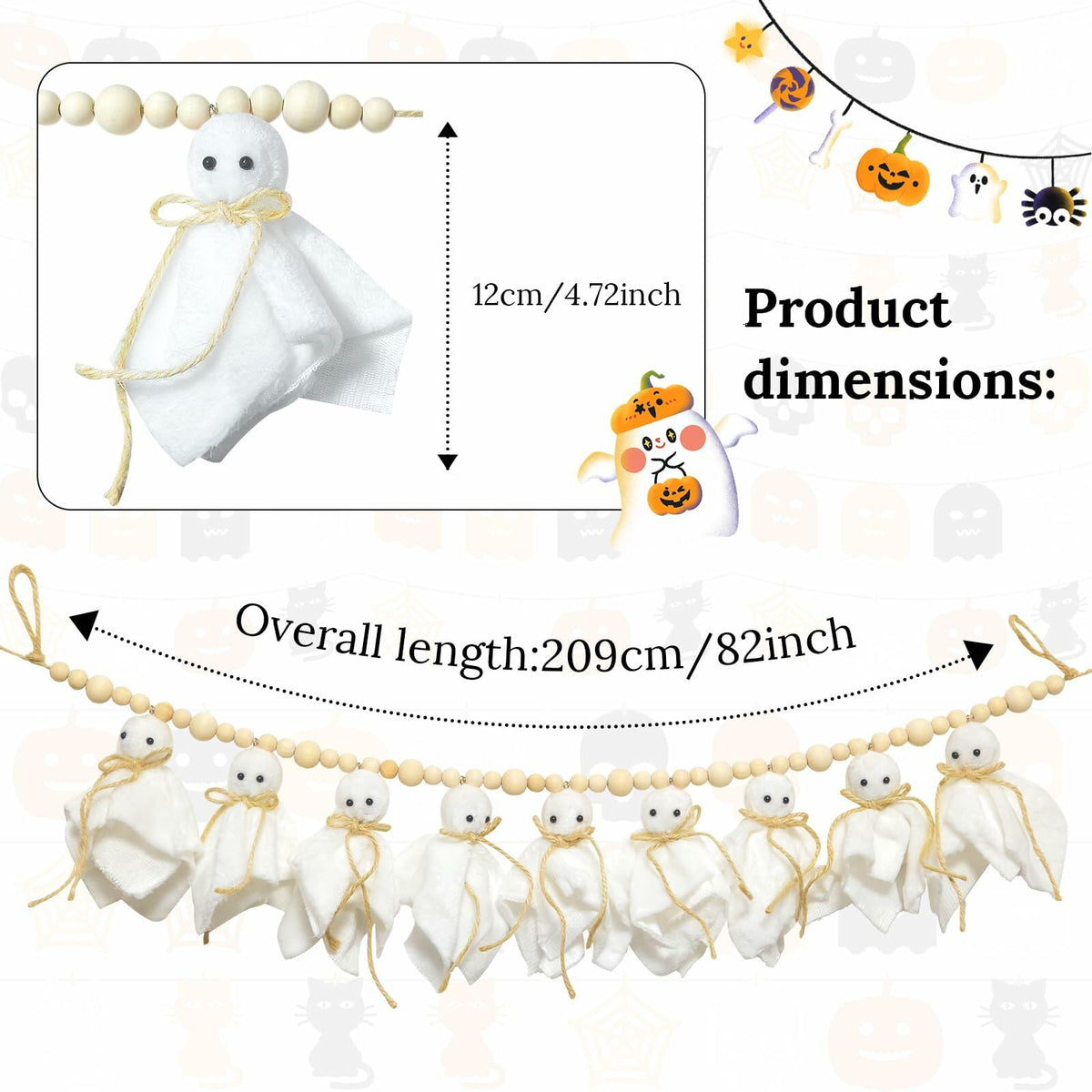 LGGbaodan Handmade Halloween Ghost Wooden Beads Garland 7.2Ft White Decor