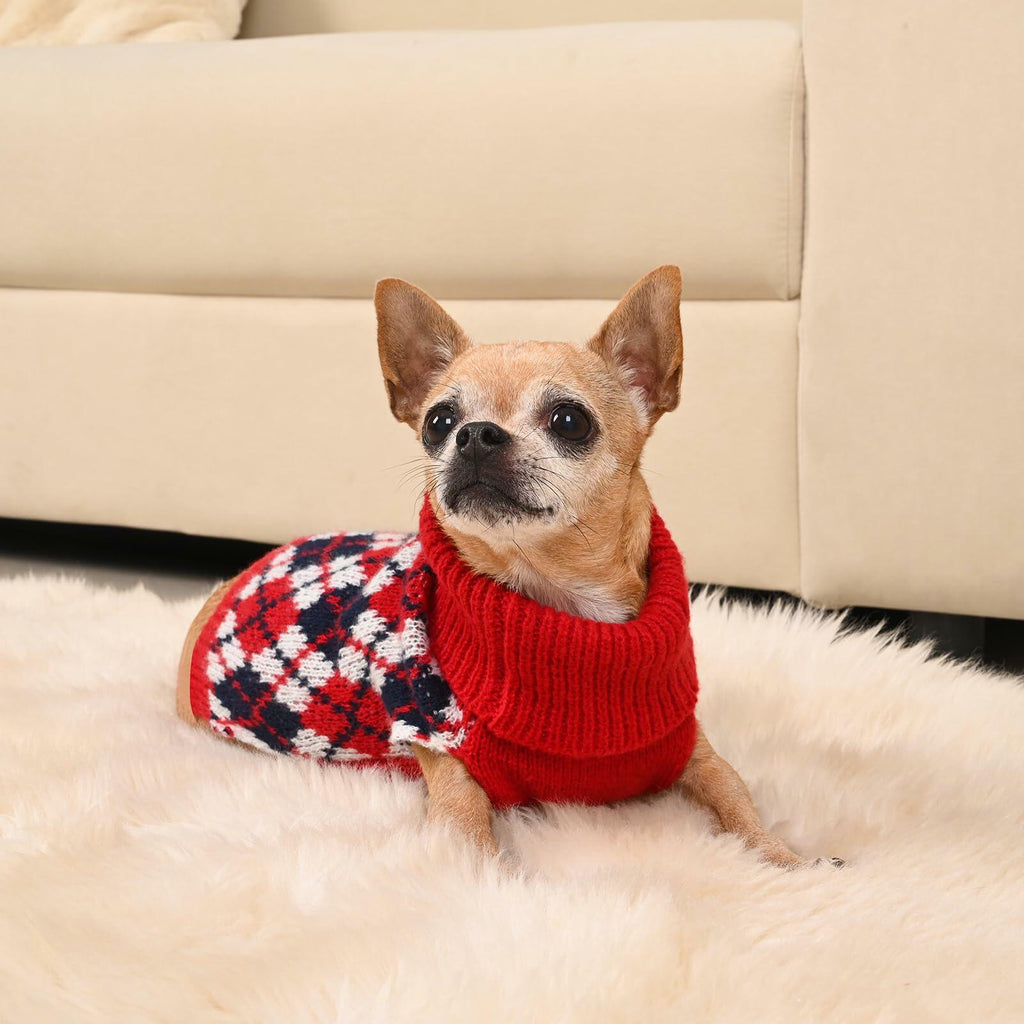 KCFESTIHUE Dog Sweater Plaid Knit Turtleneck Pullover Winter Red Blue S