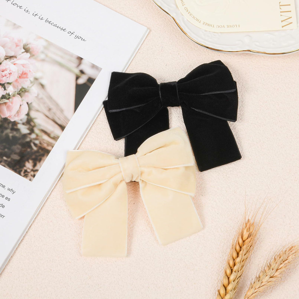 Aileam 2PCS Velvet Hair Bows Ribbon Clips Black Beige Alligator Clips