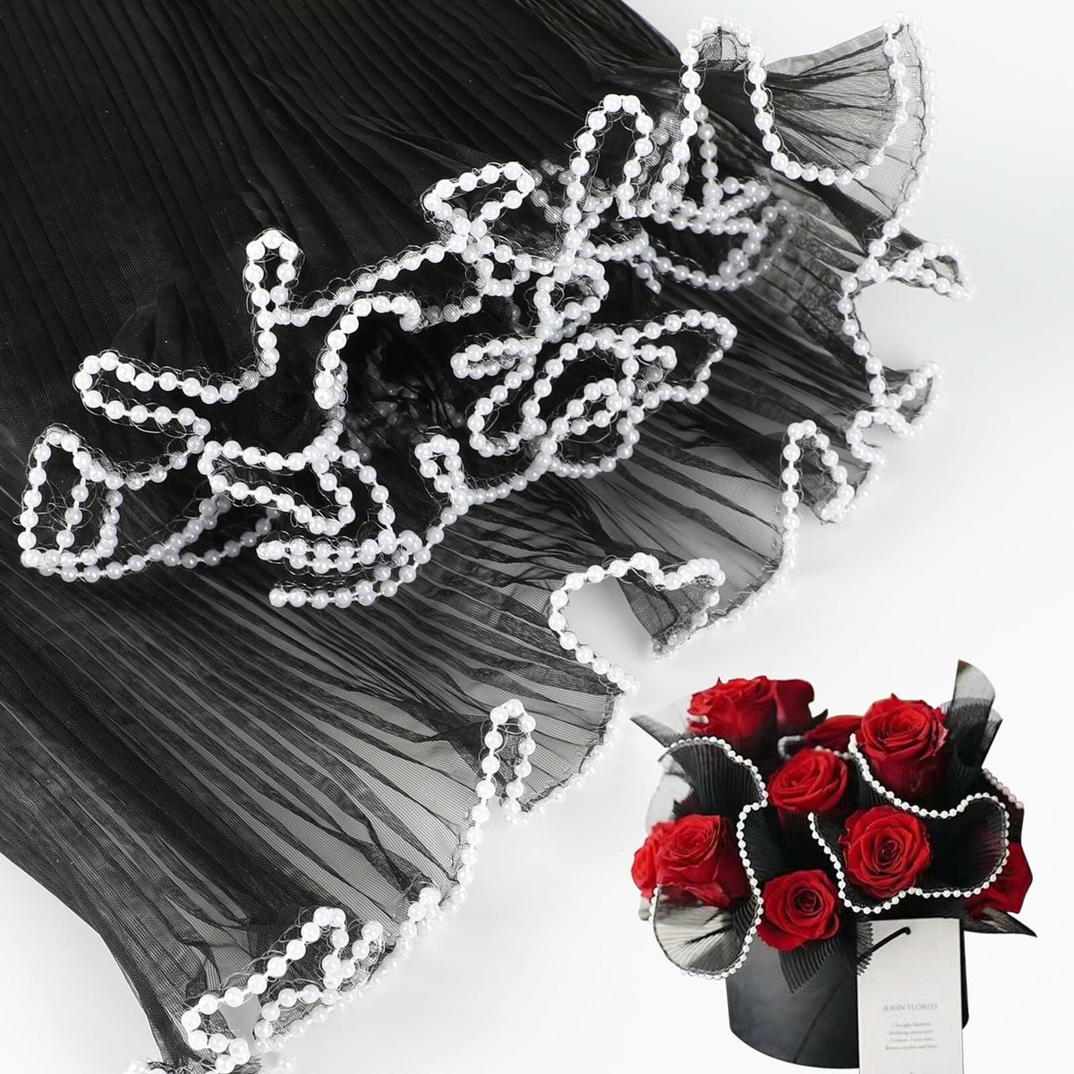 CCINEE 4.37 Yards Black Pearl Wrinkled Flower Wrapping Mesh Paper Wedding