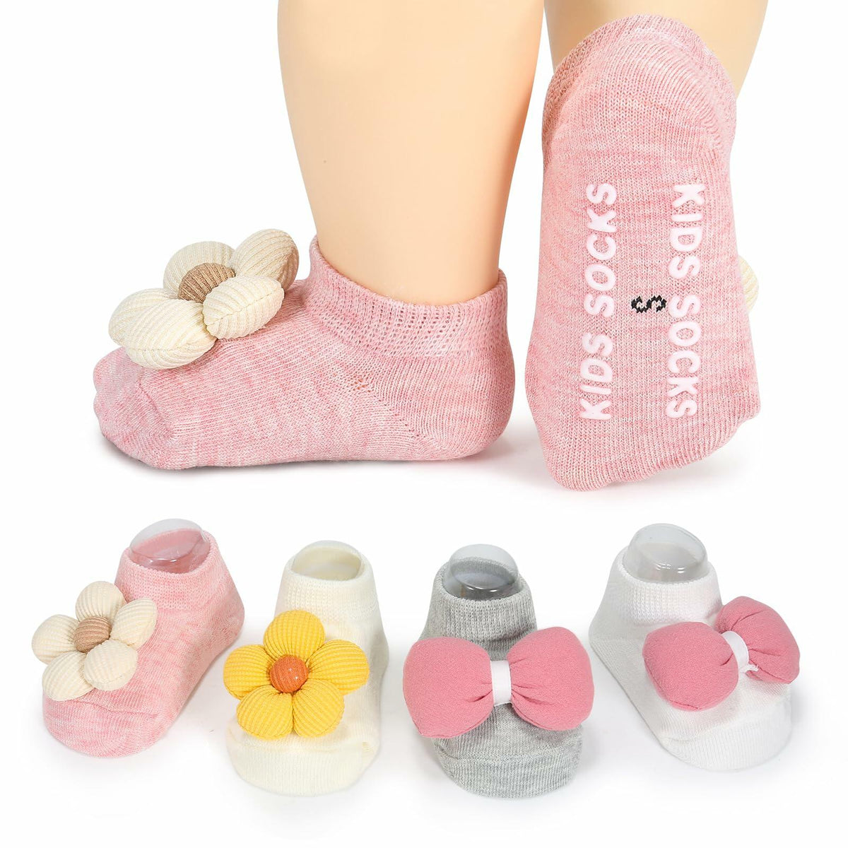 Incolumitas Baby Girl Socks 4-Pack Low Cut Floral Non-Slip Grips Multicolor