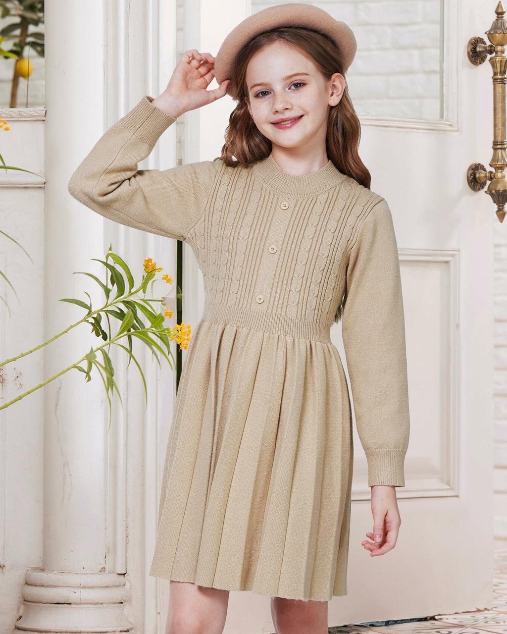 WULFUL Girls Sweater Dress Long Sleeve Button Pleated Knit Light Blue Size 7-8Y