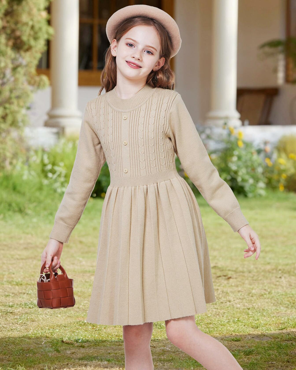 WULFUL Girls Sweater Dress Long Sleeve Button Pleated Knit Light Blue Size 7-8Y