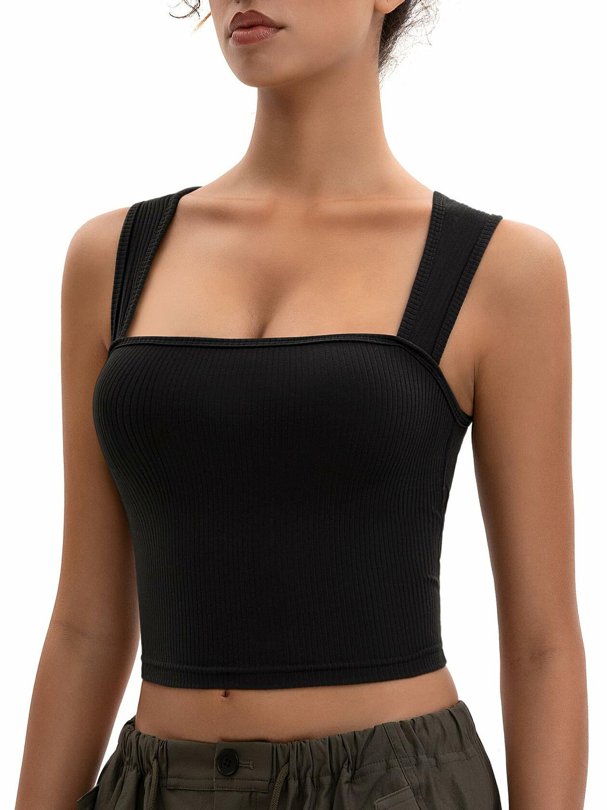 MOSSROZZ Crop Tank Top Black Ribbed Athletic Slim Fit Wide Strap Size XS