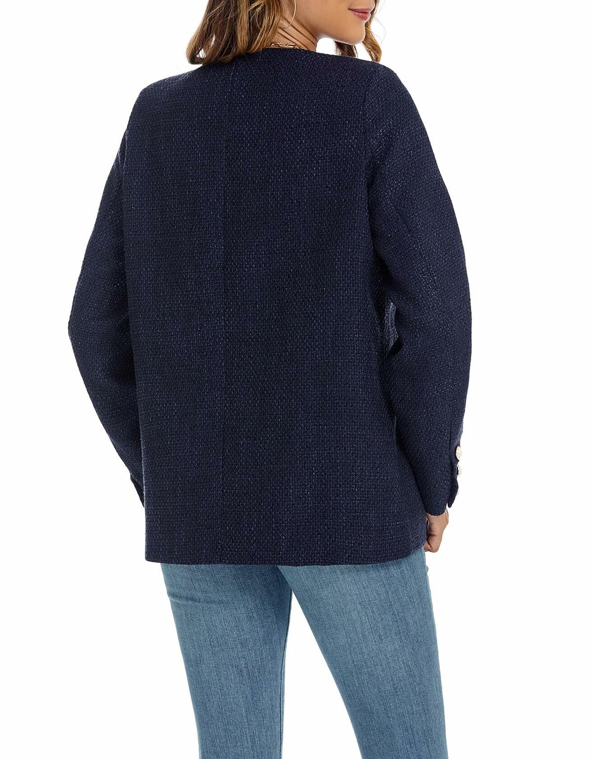 YEXPINE Women's Tweed Blazer Jacket Button Down Business Work Blue Size S