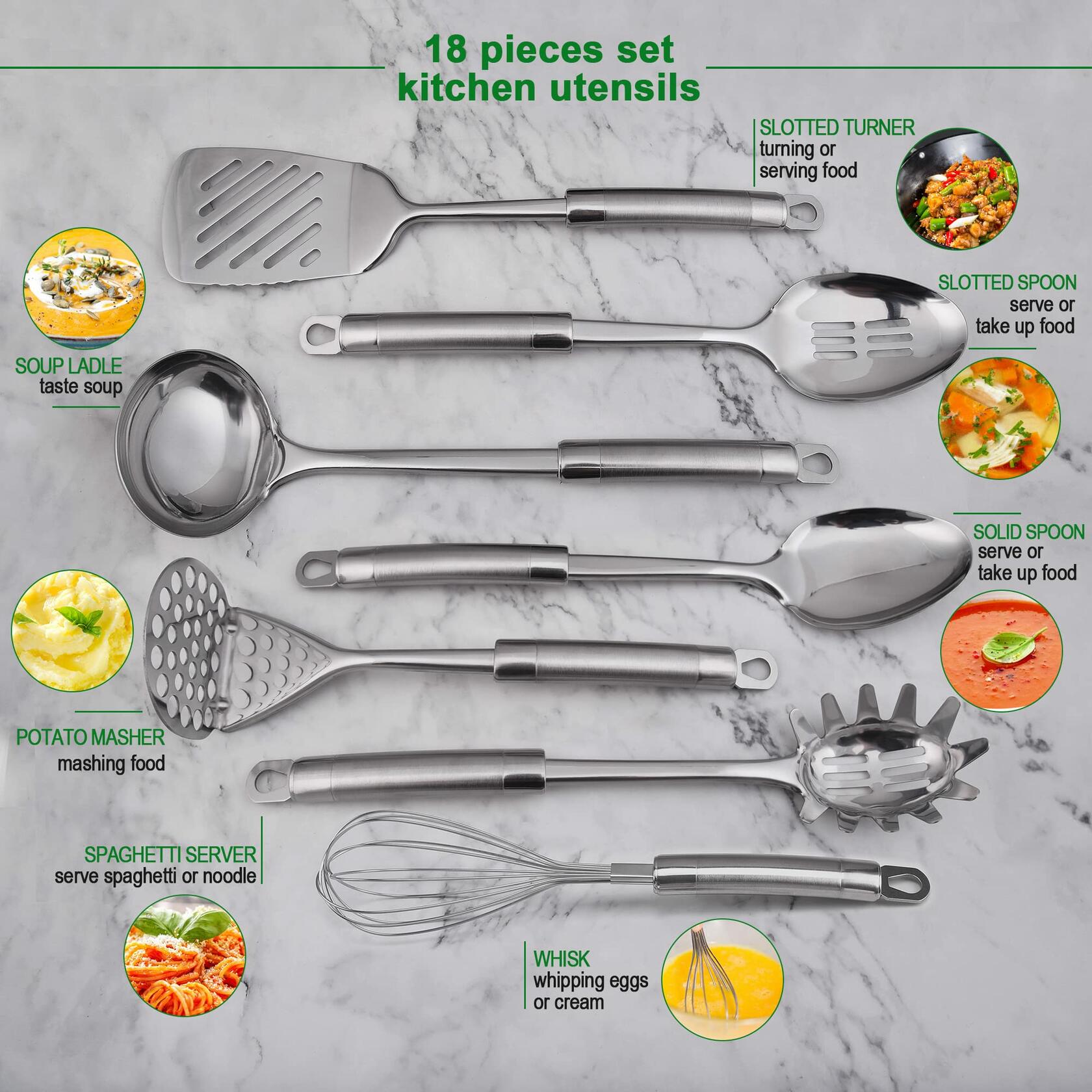 StnKitchExplor Stainless Steel Utensil Set 28 Pcs Cooking Tools Silver Holder