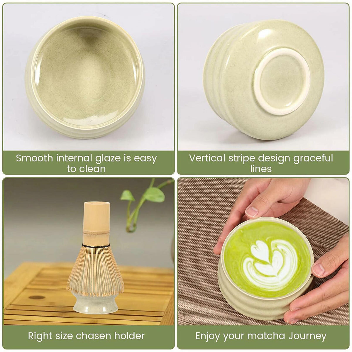 Sfutee Matcha Whisk Set 4pcs Ceramic Bowl Bamboo Scoop Chasen Holder 19oz Green