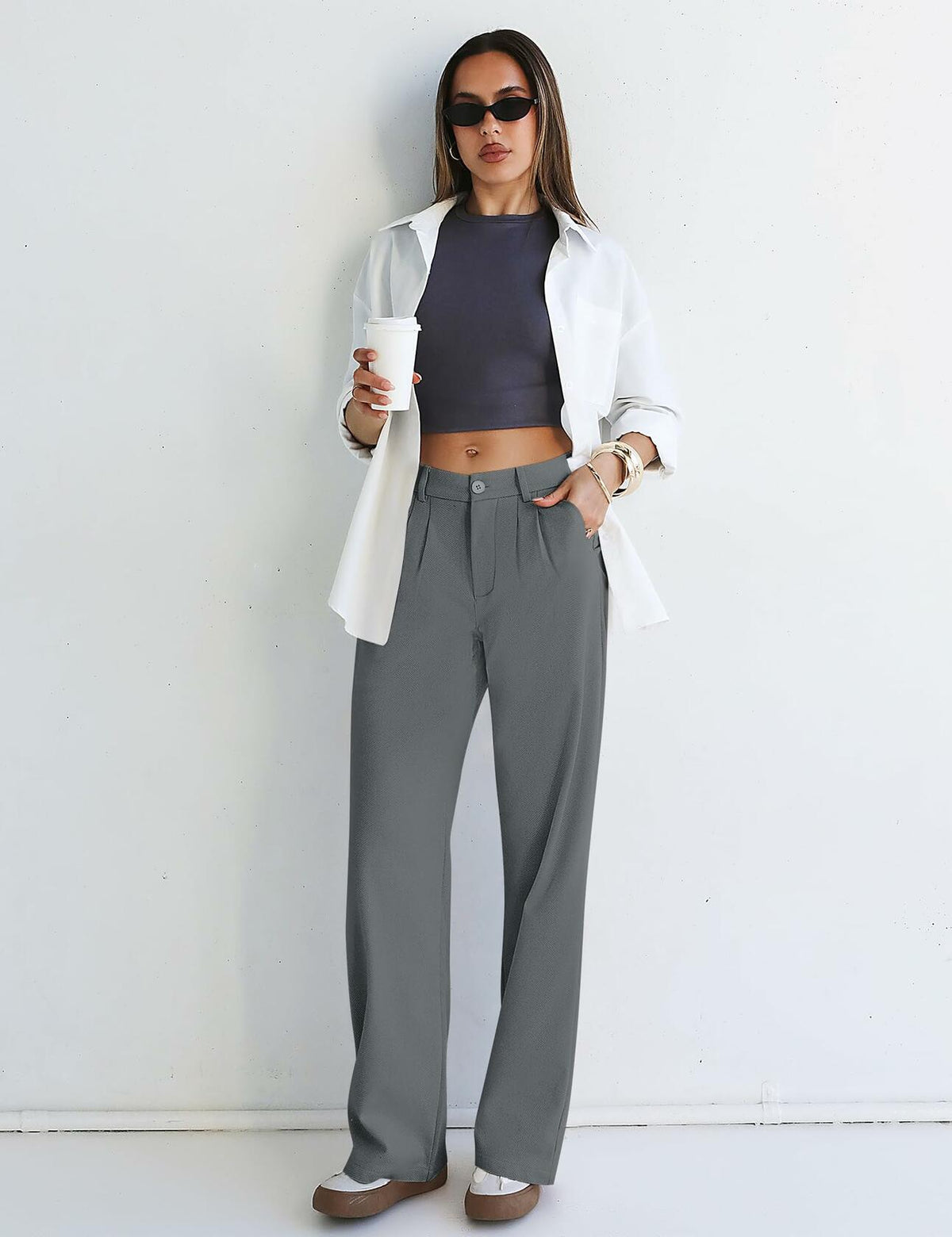 Kistore Womens Wide Leg Pleated Palazzo Work Trousers Blue Gray Size S