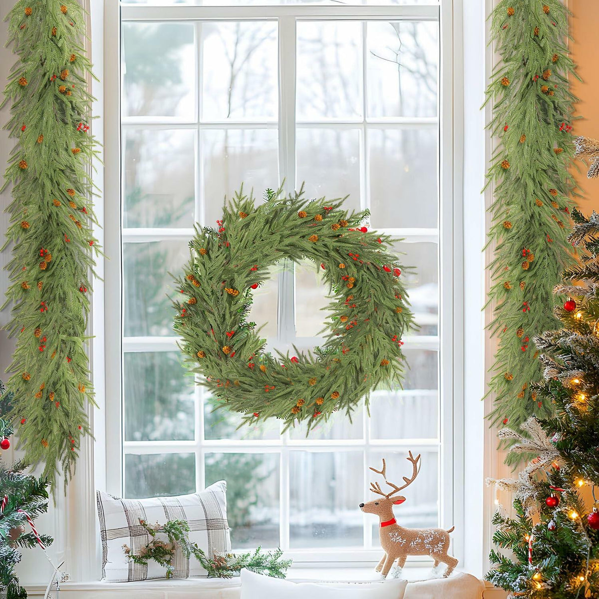 SHareconn 9FT Artificial Norfolk Pine Garland with Pine Cones Red Berries Green