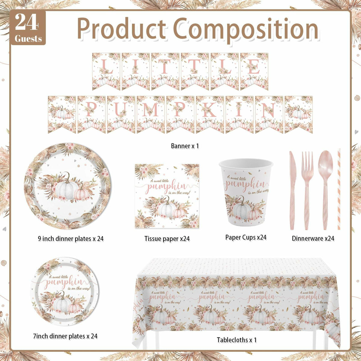 MEHOFOND Boho Fall Pumpkin Baby Shower Decorations 194 Pcs Floral Set