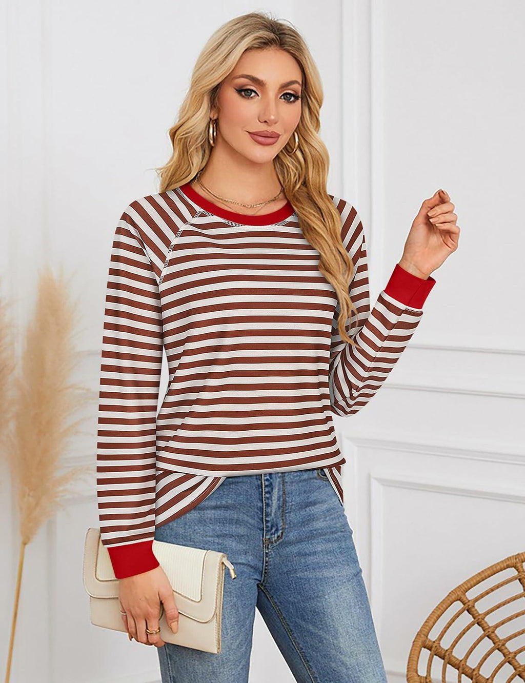 Misyula Style Plus Size Striped Color Block Sweatshirt Red Brown Size XL