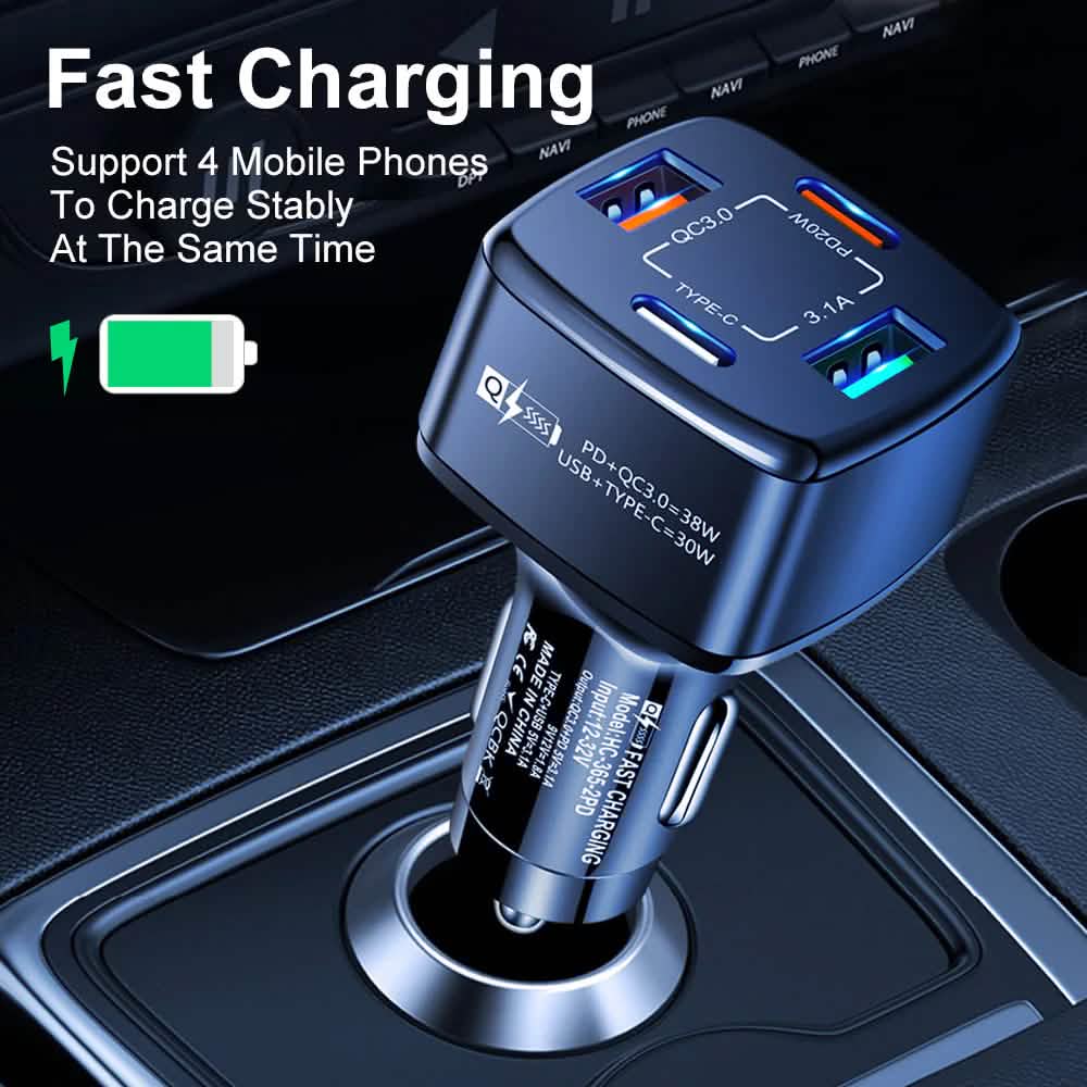 PBG Black 4 Port Car Charger and 4FT - 3 in 1 Nylon Cable Combo