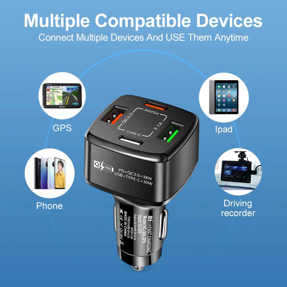PBG Black 4 Port Car Charger and 4FT - 3 in 1 Nylon Cable Combo