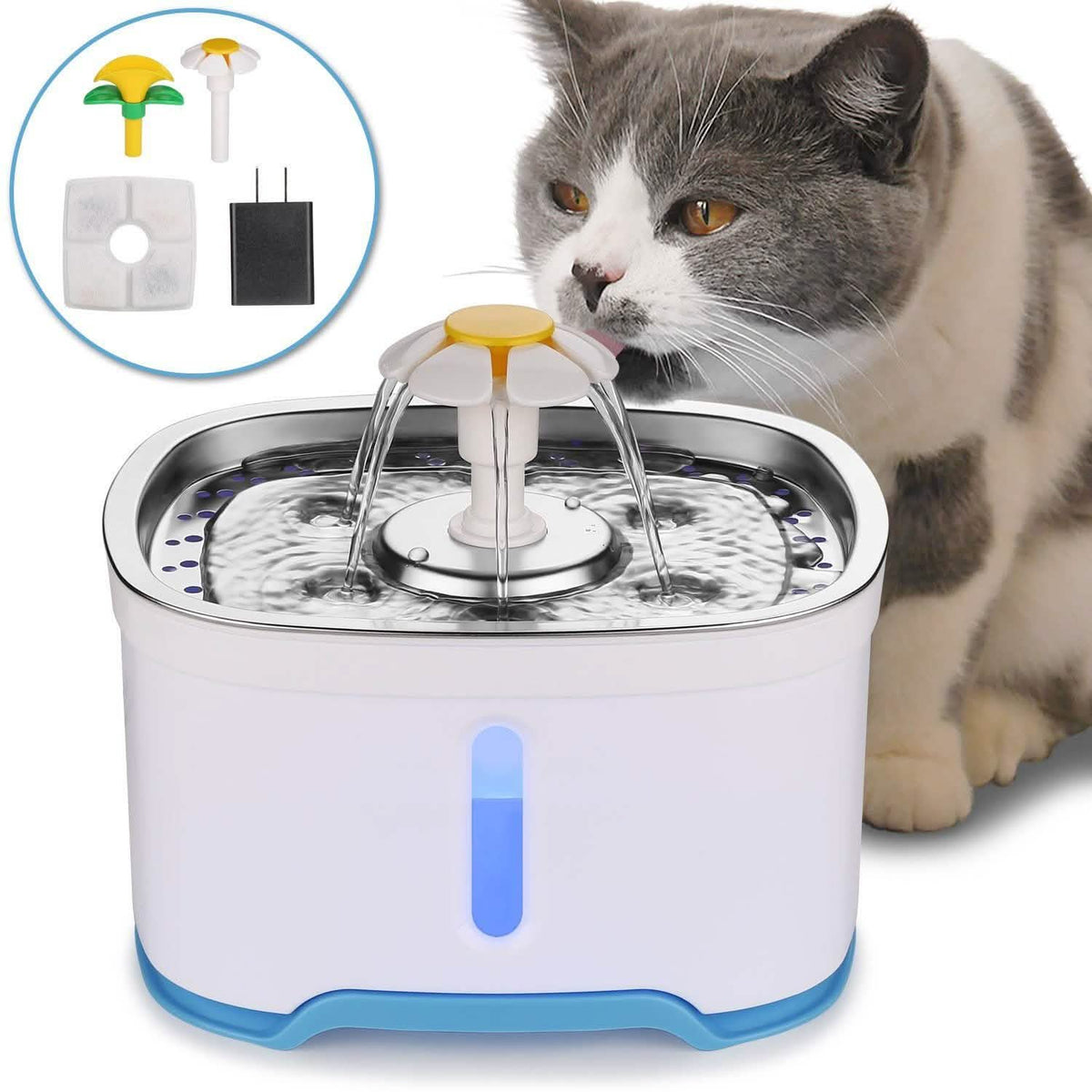 Pet Water Dispenser Fountain Cat Dog LED Light Drinking 2 Spray Heads