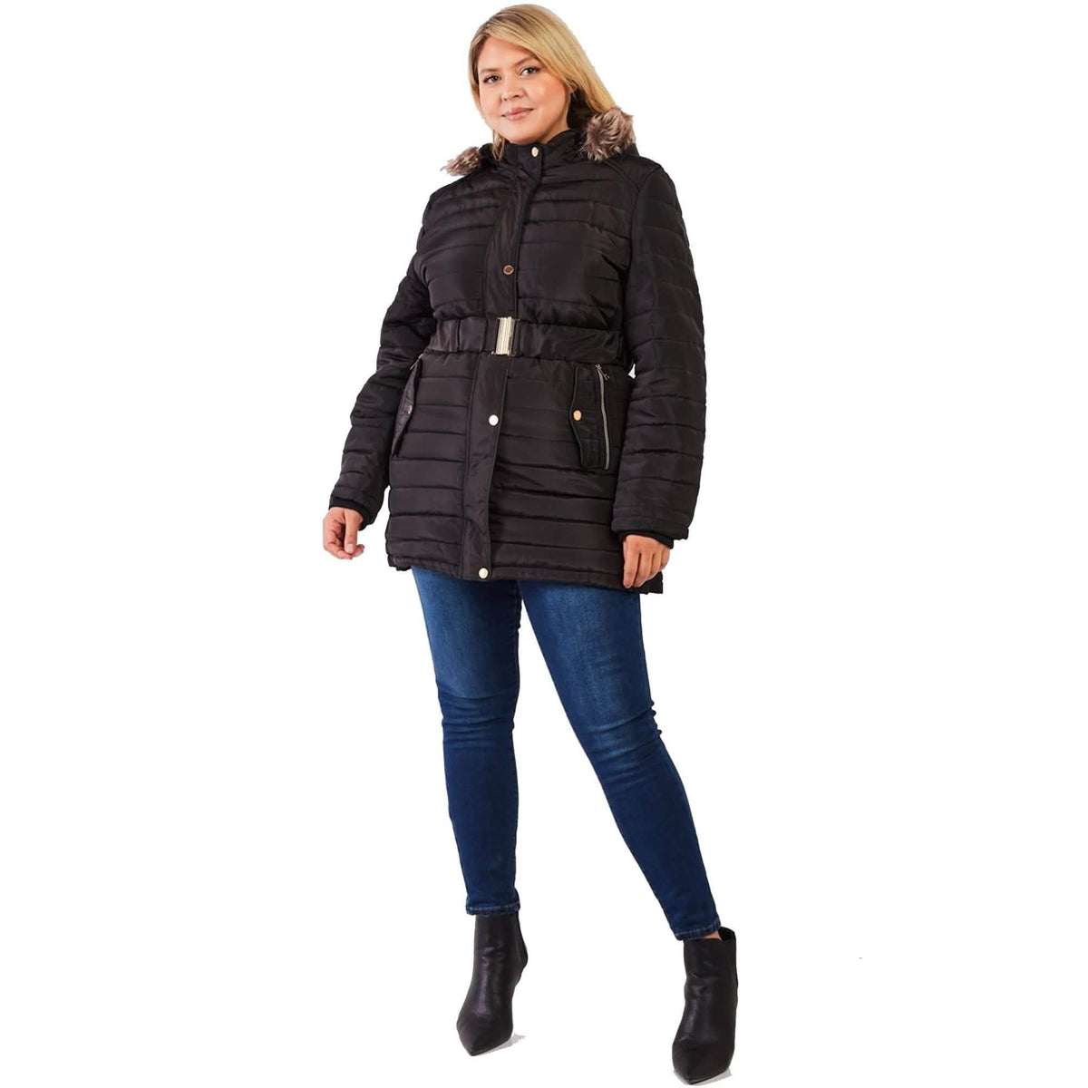 Plus Parallel Quilt Faux Fur Hood Belted Padded Long Puffer Jacket
