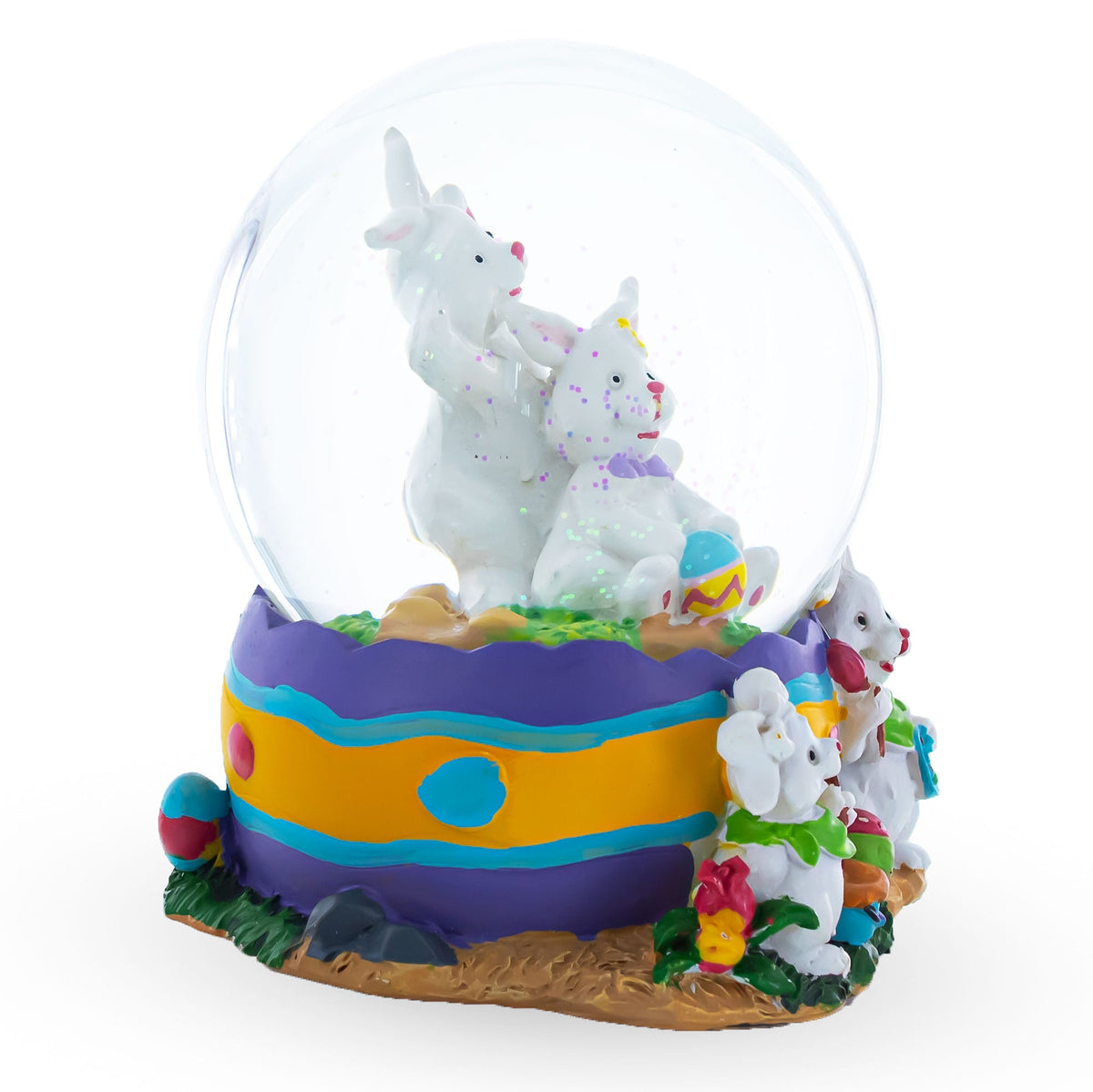 Spring Easter Egg Painting Rabbits Music Box Snow Globe 6 Inches Tall