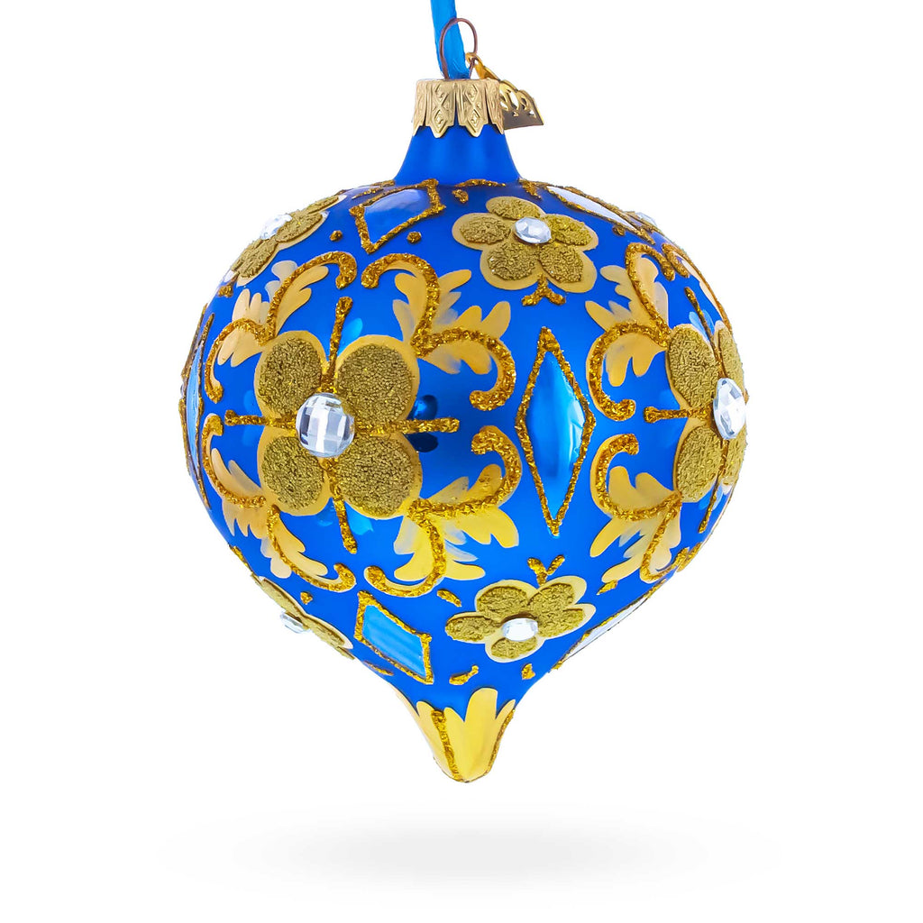 Jeweled Golden Leaves on Blue Onion-Shape Finial Glass Christmas Ornament