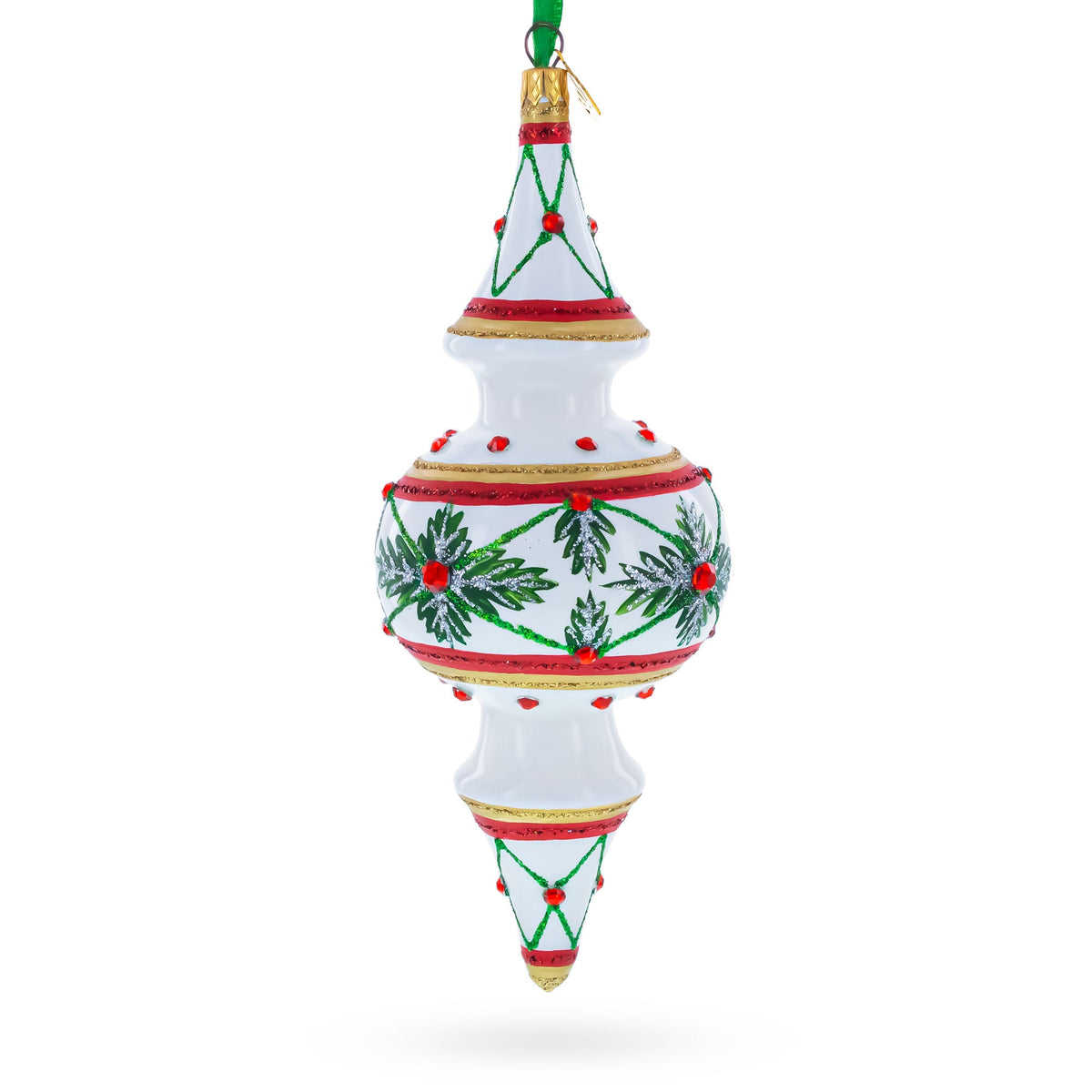 Winter Lattice & Holly Star Jeweled Double-Ended Finial Drop Glass Christmas Ornament