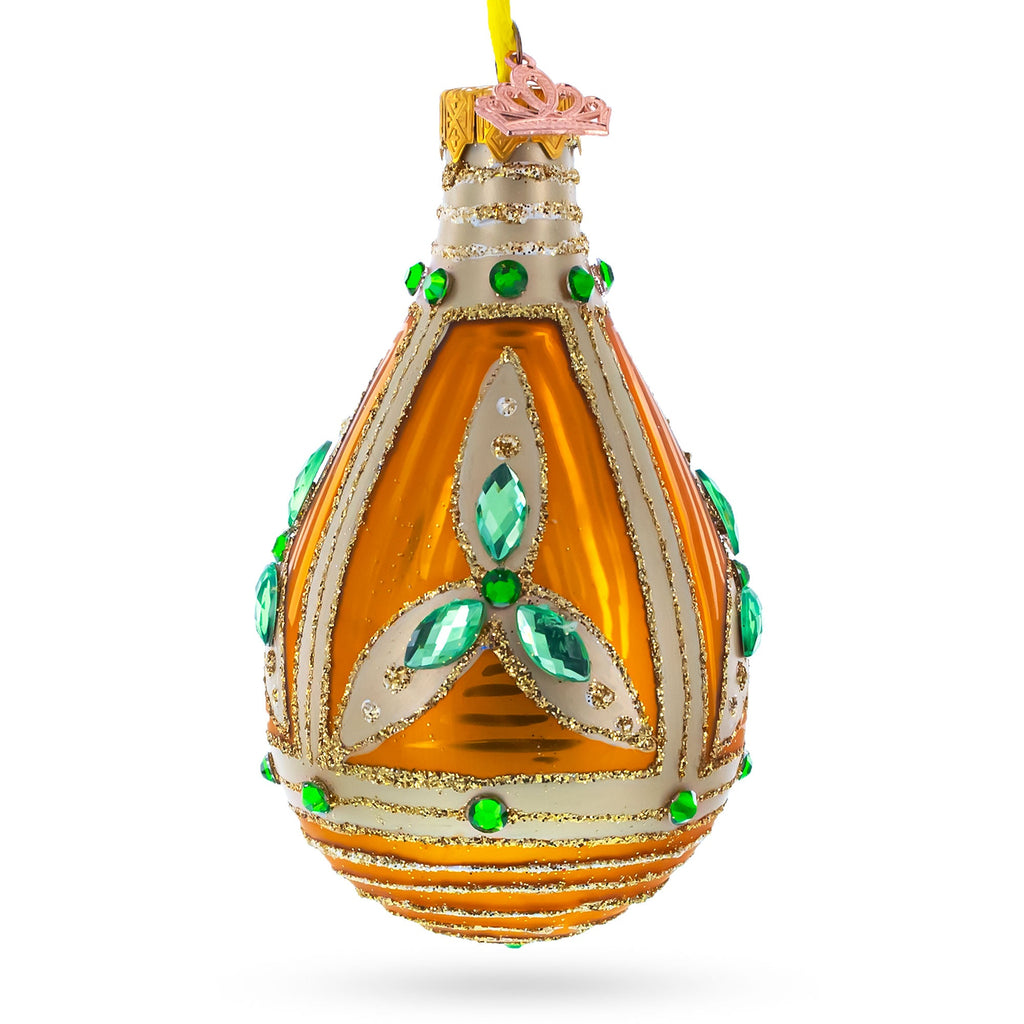Turquoise Jewels on Striped Gold Glass Waterdrop Finial Christmas Ornament