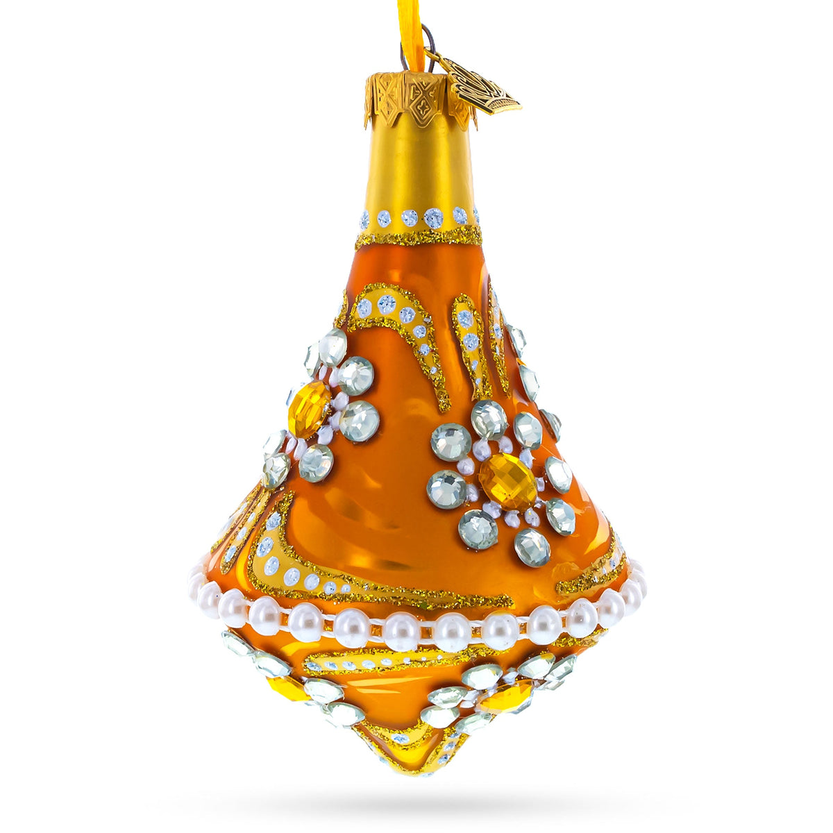 Diamond Jewels on Striped Gold Glass Bell Shape Finial Christmas Ornament