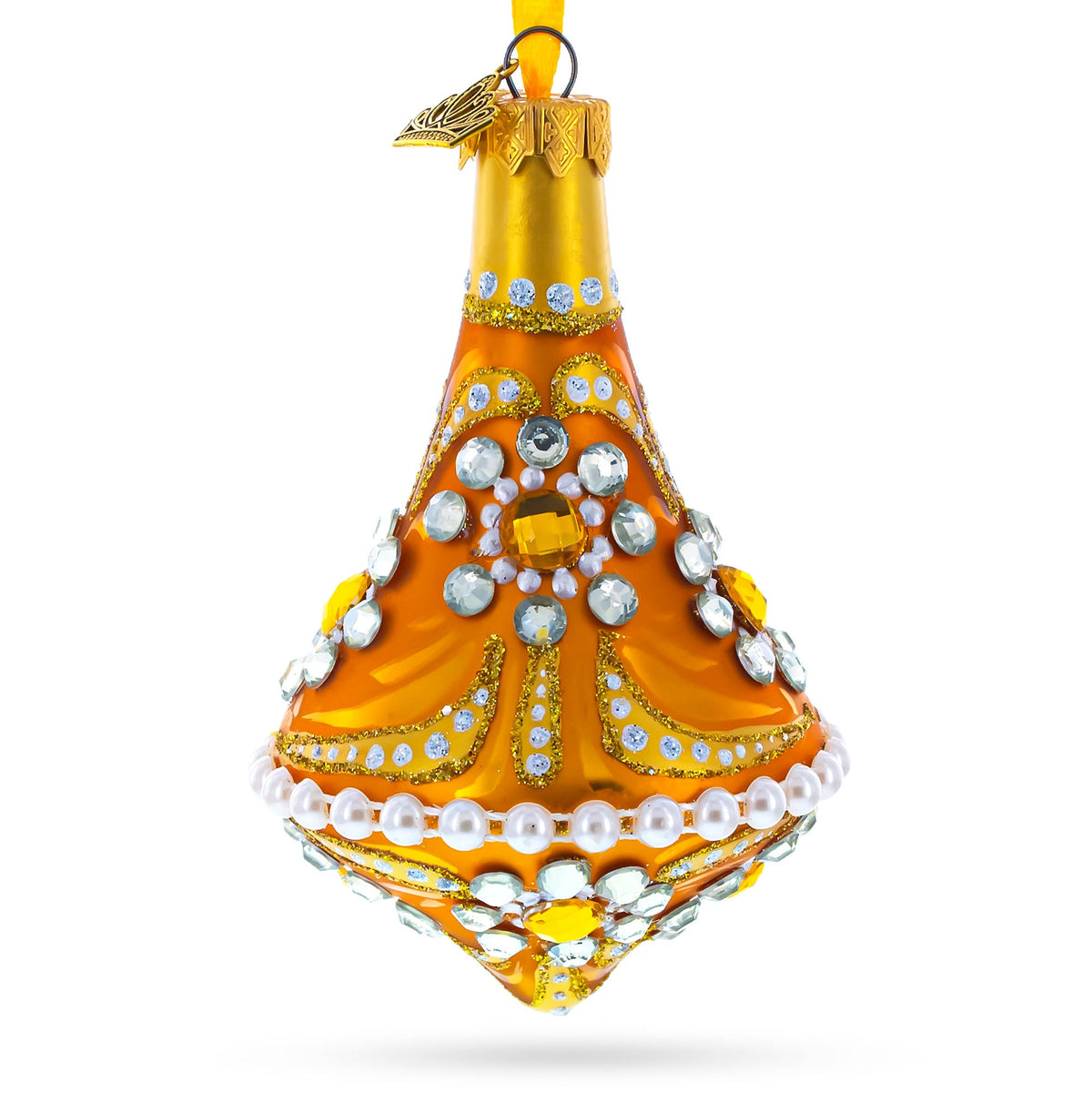 Diamond Jewels on Striped Gold Glass Bell Shape Finial Christmas Ornament