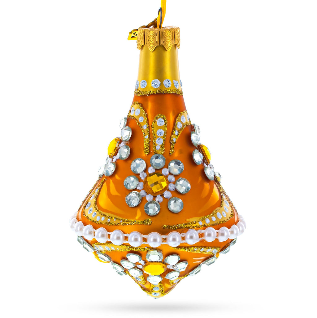 Diamond Jewels on Striped Gold Glass Bell Shape Finial Christmas Ornament