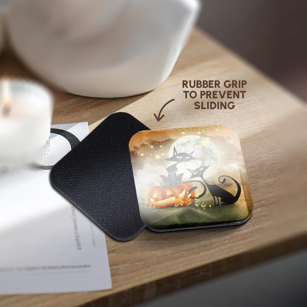 3dRose Milas Art Halloween 2014 - Halloween two cats is telling a scary story each other - Coasters (cst_201124)