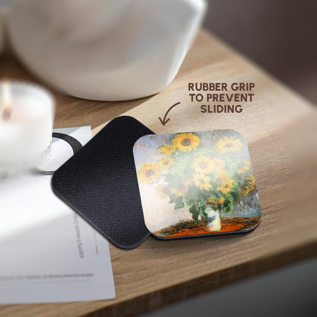 3dRose BLN Claude Monet Collection - Sunflowers by Claude Monet, 1881 Impressionist Still Life Painting - Coasters (cst_126590)