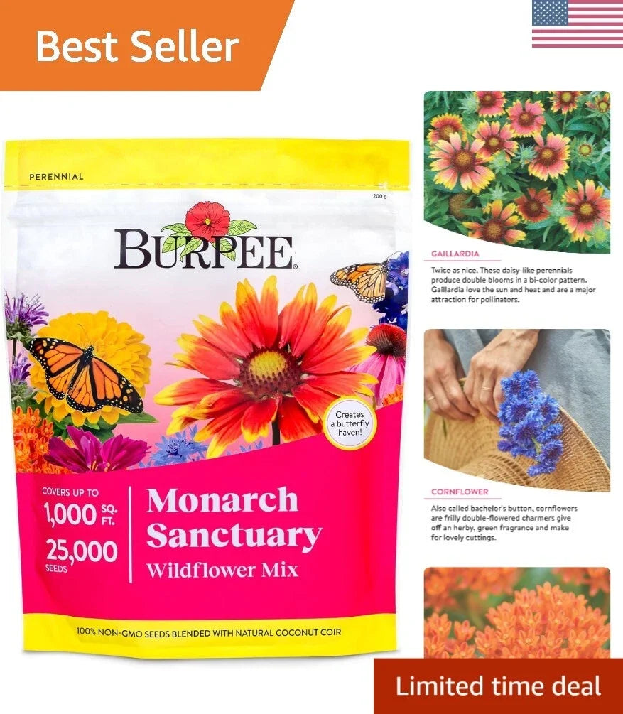Wildflower Seed Mix - 25,000 Non-GMO Seeds - Monarch Sanctuary for Butterfly Gardens - Pollinator-Friendly Mix