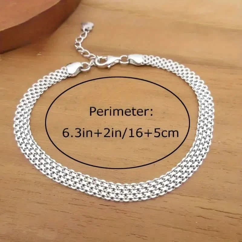 S925 Sterling Silver Chain Bracelet, Sparkling Mesh Embossing Pattern Jewelry
