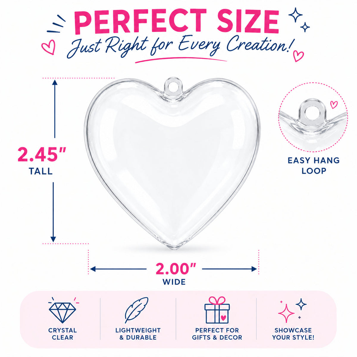 Set of 3 Clear Plastic Hearts Ornaments 2.45 Inches (62 mm)