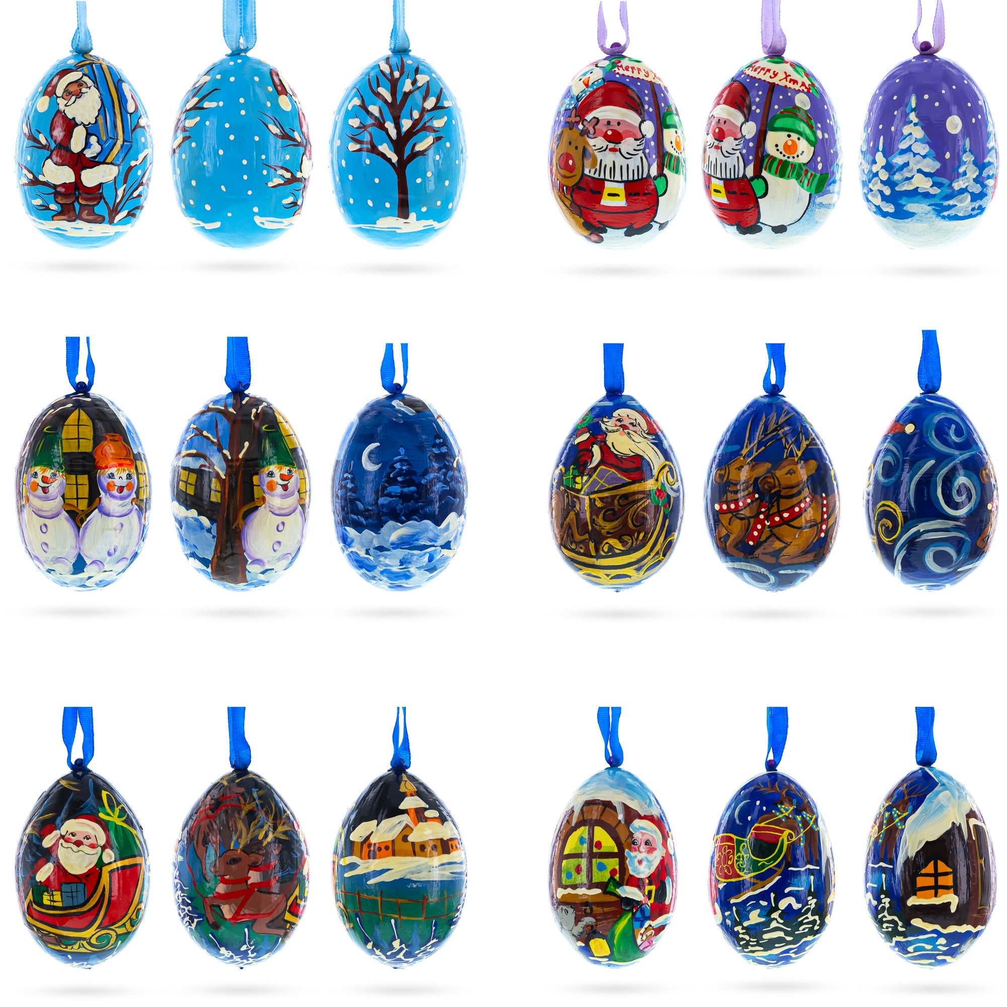 Santa, Snowman and Reindeer Delivering Gifts Wooden Christmas Ornaments 3 Inches