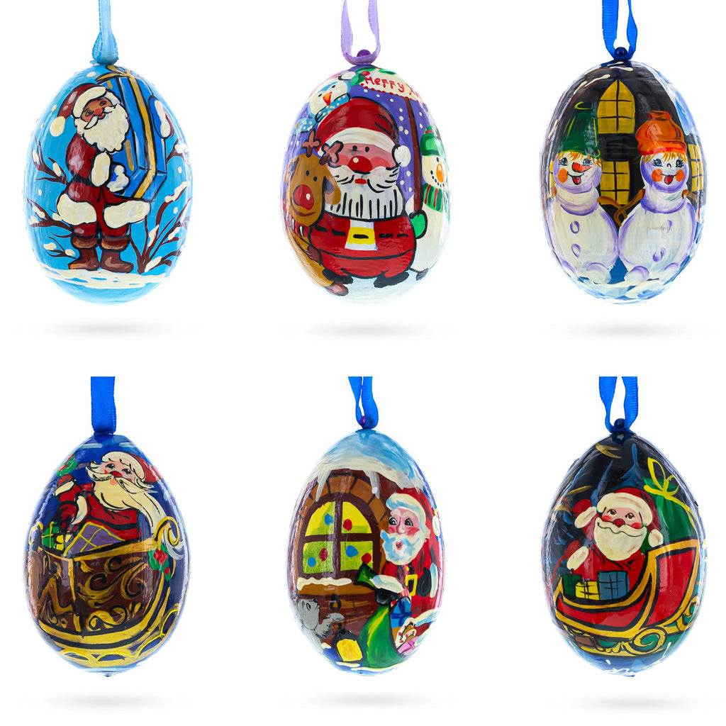 Santa, Snowman and Reindeer Delivering Gifts Wooden Christmas Ornaments 3 Inches