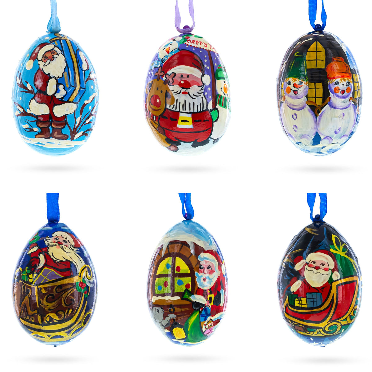 Santa, Snowman and Reindeer Delivering Gifts Wooden Christmas Ornaments 3 Inches