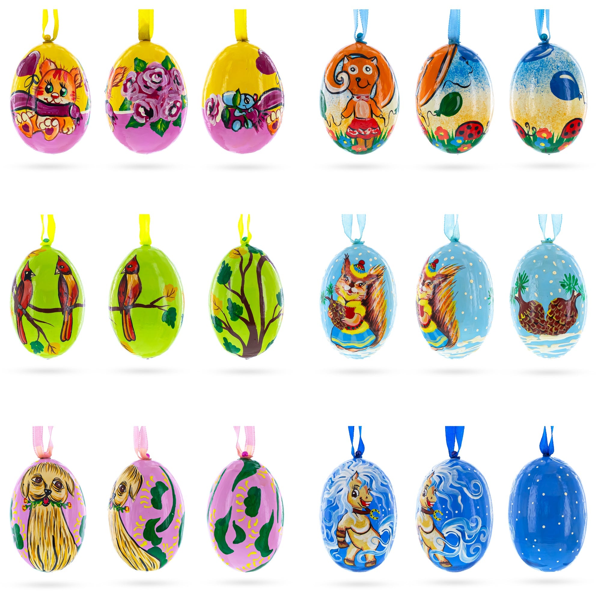 Set of 6, Dog, Cat, Cardinals Birds Wooden Christmas Ornaments 3 Inches