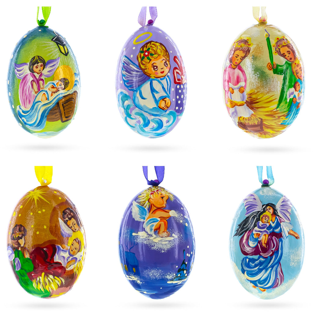 Set of 6 Guardian Angels Wooden Christmas Ornaments 3 Inches
