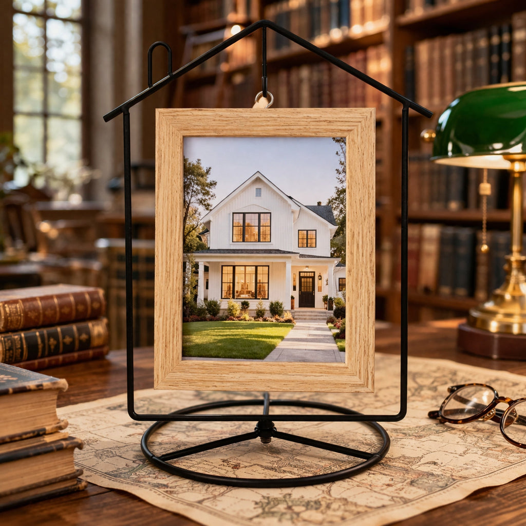 Black House-Shaped Hanging Photo Picture Frame and Metal Ornament Stand 8.7 Inches