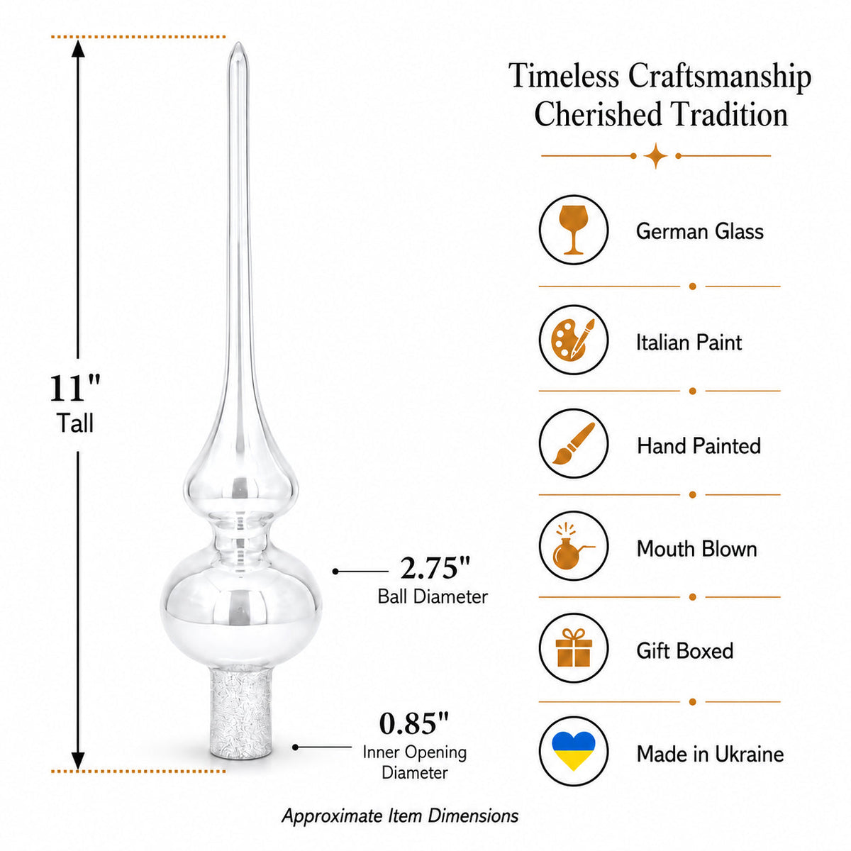 Black & White Scroll Pear Glass Christmas Tree Topper 11 Inches