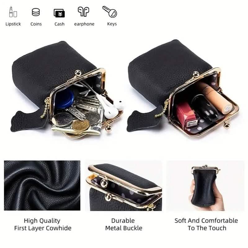 Vintage Genuine Leather Mini Handbag Organizer with Secure Kiss Lock