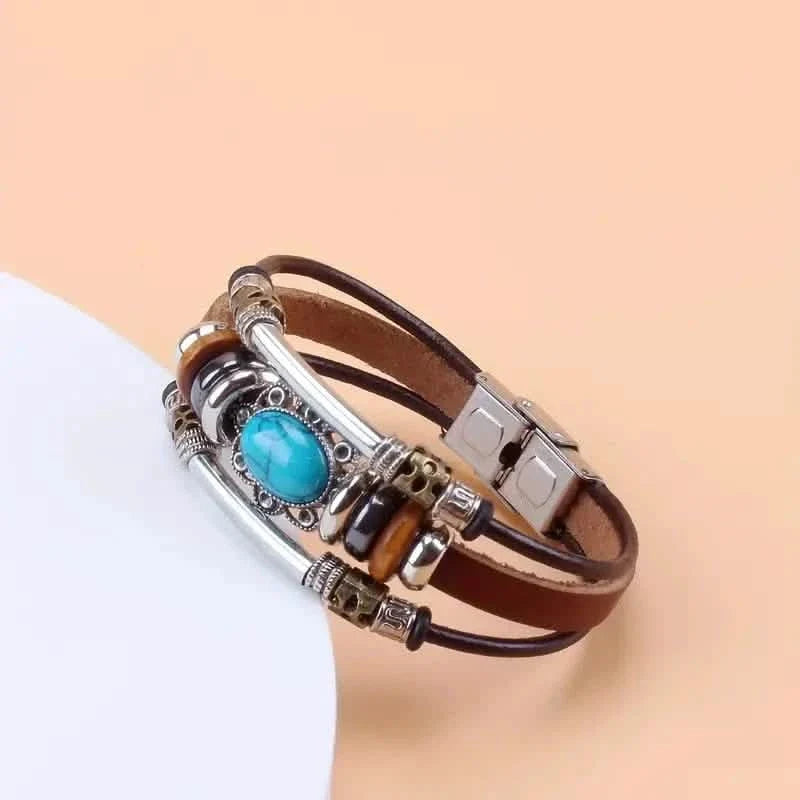 Vintage Style Green Turquoise Beaded PU Leather Stainless Steel Buckle Bracelet